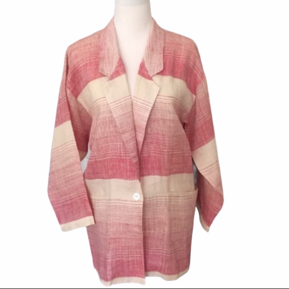NWOT Paula Saker Red & Cream Woven Linen Blazer Jacket Size 14